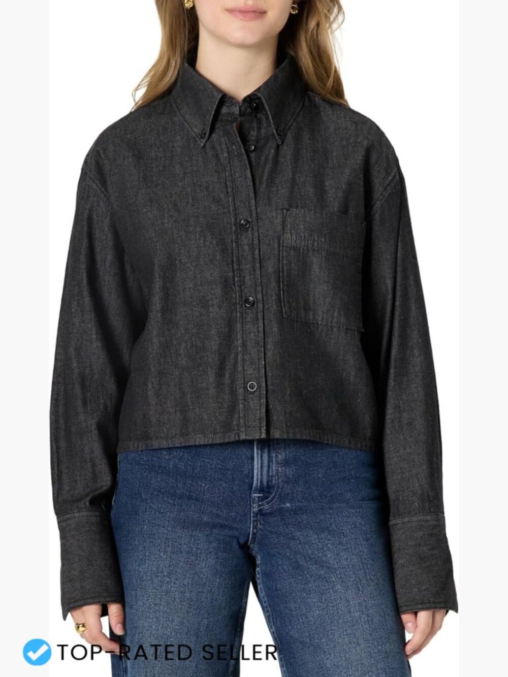 Oversized Cropped Denim Shirt Women Button Down Long Sleeve Chambray Y2K